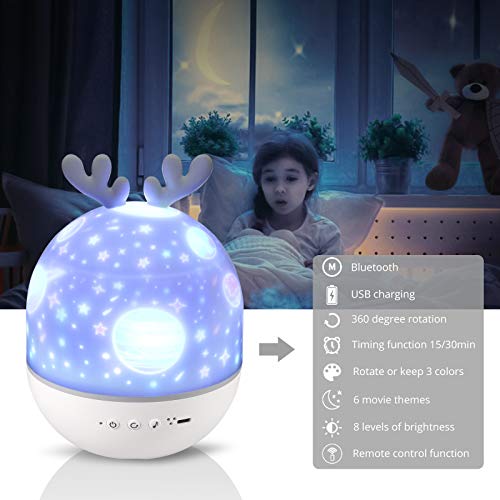 Justech LED Lámapra Proyector Infantil de Canción con 6 Película Temáticas Giratorio 360° 3 Colores 8 Niveles de Luz Proyector Estrellas Recargable USB con Control Remoto de Bluetooth y Temporizador