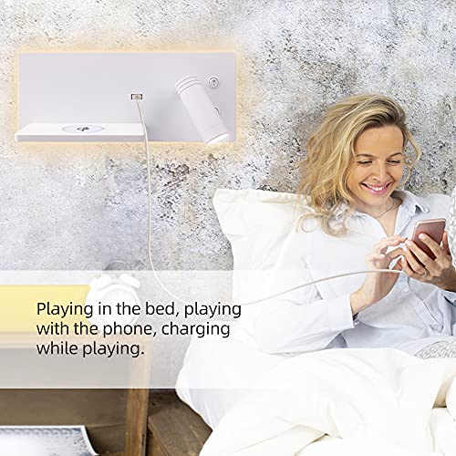 K-Bright Bañador de pared Dormitorio Interruptor volvible apliques de lectura de pared cama Iluminación de Pared cabecera 360 gradosgiratoria Blanco Cálido 3000K con base de carga USB