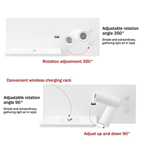 K-Bright Bañador de pared Dormitorio Interruptor volvible apliques de lectura de pared cama Iluminación de Pared cabecera 360 gradosgiratoria Blanco Cálido 3000K con base de carga USB