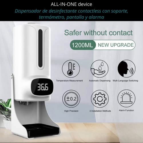 K9 Pro Plus Dispensador de Desinfectante Contactless Inteligente con Termómetro infrarrojo, Pantalla y Alarma | incluye Soporte antigoteo | para Gel Hidroalcohólico, Líquido, Espuma