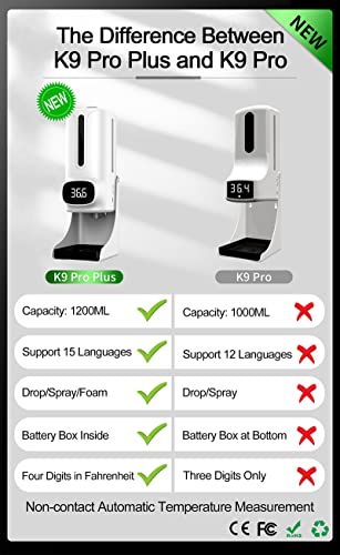 K9 Pro Plus Dispensador de Desinfectante Contactless Inteligente con Termómetro infrarrojo, Pantalla y Alarma | incluye Soporte antigoteo | para Gel Hidroalcohólico, Líquido, Espuma