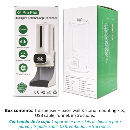 K9 Pro Plus Dispensador de Desinfectante Contactless Inteligente con Termómetro infrarrojo, Pantalla y Alarma | incluye Soporte antigoteo | para Gel Hidroalcohólico, Líquido, Espuma