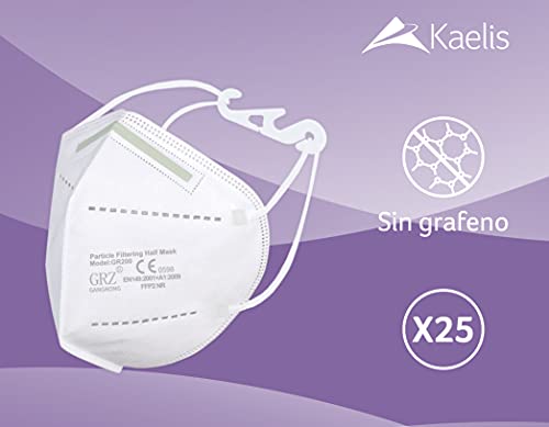 Kaelis Mascarillas FFP2 Homologadas Categoria III - Caja 25 Mascarillas – Sin grafeno – Bandas elásticas con salvaorejas - 5 Capas Alta Filtración