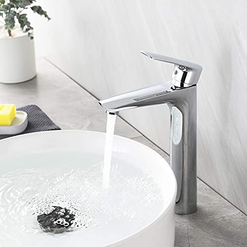 KAIBOR Mezclador de Lavabo para Lavabos de Encimera, Grifo de Baño Alto con Altura de Caño 223 mm, Mezclador Monomando de Lavabo para Lavabos de Encimera y Lavabos, Opción Ideal para Hoteles y Hogares