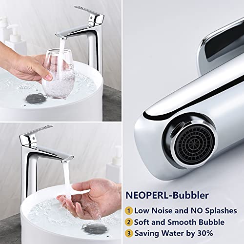 KAIBOR Mezclador de Lavabo para Lavabos de Encimera, Grifo de Baño Alto con Altura de Caño 223 mm, Mezclador Monomando de Lavabo para Lavabos de Encimera y Lavabos, Opción Ideal para Hoteles y Hogares