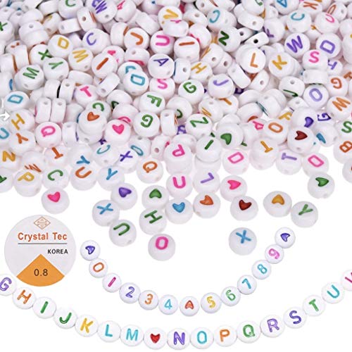 KAIMIRUI 1200 Piezas Cuentas del Alfabeto MulticolorMezclado Redondo Acrílico Cuentas de Letras Redonda de Corazón de Amor,Con Cuerda de Cristal para Pulseras DIY Manualidades (2-colors)