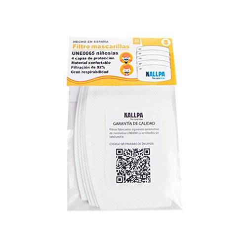 KALLPA® Pack de 25 filtros para mascarillas UNE0065 - REUTILIZABLES - fabricados en España - hidrófobo, antiestático y antibacteriano, muy transpirable (TNT) (Pack niño 25 ud)