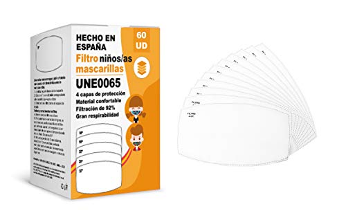 KALLPA® Pack de 60 filtros para mascarillas UNE0065 - REUTILIZABLES - fabricados en España - hidrófobo, antiestático y antibacteriano, muy transpirable (TNT) (Pack infantil 60)