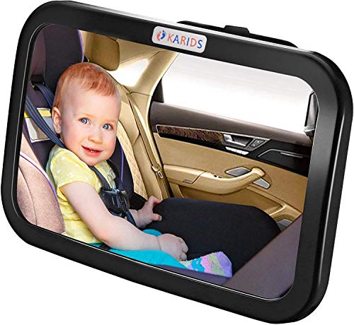 Karids Espejo Bebe Coche - Retrovisor Irrompible para la vigilancia de tu Bebe en la Parte Interior del Coche - Accesorio Seguro con Doble Correa para asegurar - Color Negro - Panoramico 360°