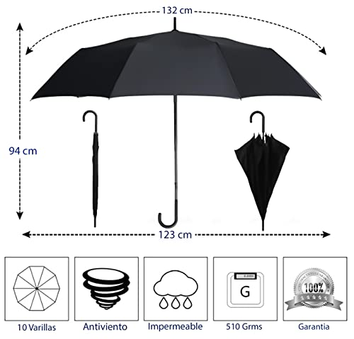 KARNIBAL Paraguas Grande XXL Resistente Al Viento, Paraguas Mujer Hombre Negro Extra Grande, Paraguas Antiviento Dama o Caballero, Paraguas Automático Con Varillas Reforzadas, 123cm De Diámetro