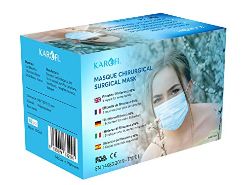 KAROFI - Mascarillas Quirúrgicas Tipo I Medico, probadas y aprobadas, BFE ≥ 95%, 3 Capas, certificadas CE EN14683:2019, Caja 50 Unidades