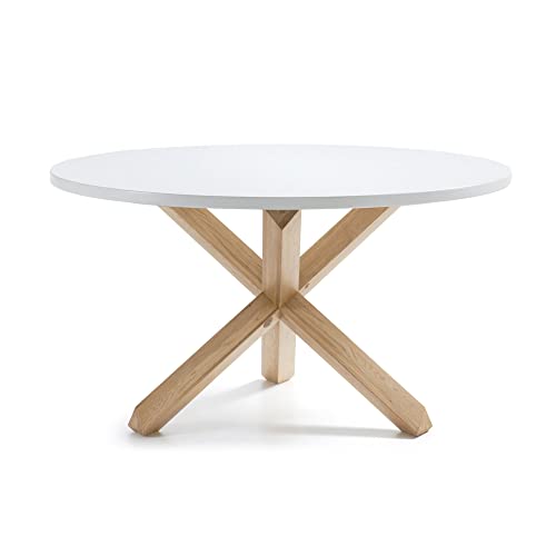 Kave Home - Mesa de Comedor Lotus Blanca Redonda Ø 120 cm de melamina con Patas de Madera Maciza de Roble