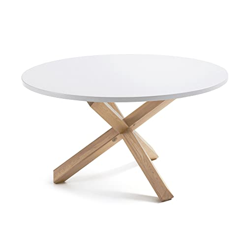 Kave Home - Mesa de Comedor Lotus Blanca Redonda Ø 120 cm de melamina con Patas de Madera Maciza de Roble