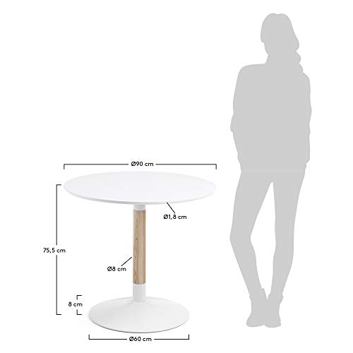 Kave Home - Mesa de Comedor Trick Redonda Ø 90 cm Blanca con pie de Madera de Fresno y Acero en Blanco