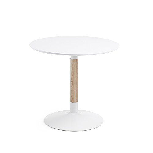 Kave Home - Mesa de Comedor Trick Redonda Ø 90 cm Blanca con pie de Madera de Fresno y Acero en Blanco