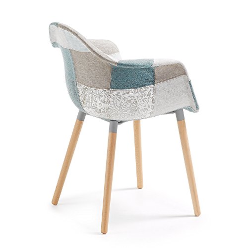 Kave Home - Silla de Comedor Kevya Azul Patchwork con Patas de Madera Maciza de Haya