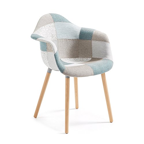 Kave Home - Silla de Comedor Kevya Azul Patchwork con Patas de Madera Maciza de Haya