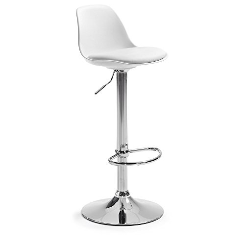 Kave Home - Taburete Alto de Bar Orlando-T Blanco de Altura Regulable 60-82 cm con Respaldo, Asiento tapizado en Piel sintética y pie de Acero