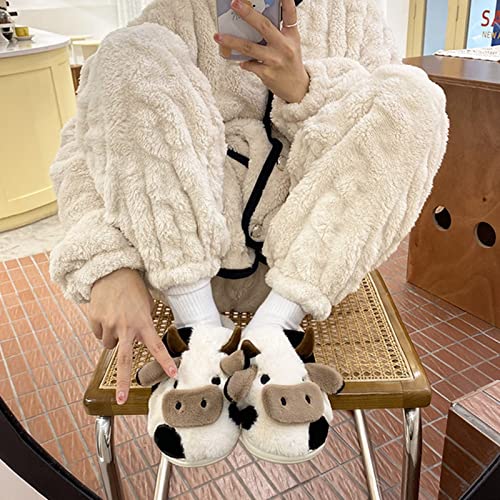 Kawaii Fuzzy Cow Slippers, Ladies Novelty Animal Plush Slippers (38/39,Vaca)