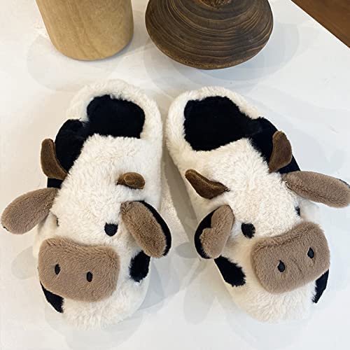 Kawaii Fuzzy Cow Slippers, Ladies Novelty Animal Plush Slippers (38/39,Vaca)