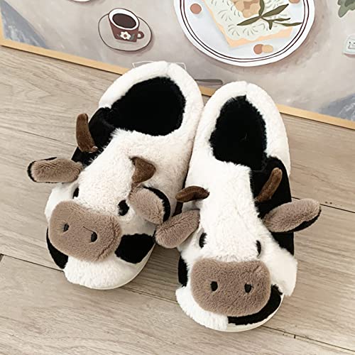 Kawaii Fuzzy Cow Slippers, Ladies Novelty Animal Plush Slippers (38/39,Vaca)