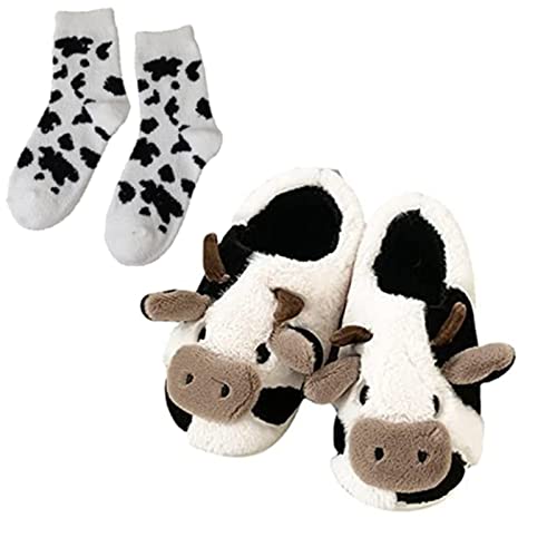 Kawaii Fuzzy Cow Slippers, Ladies Novelty Animal Plush Slippers (38/39,Vaca)