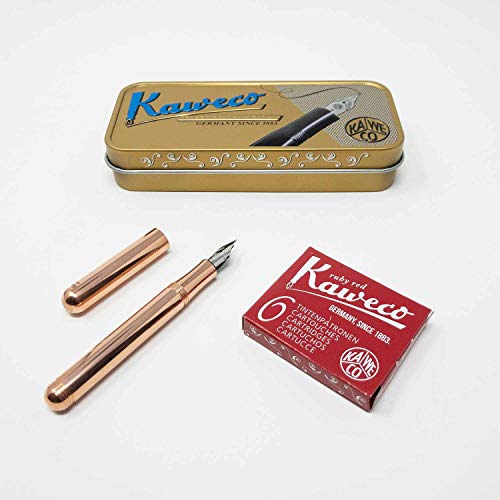 Kaweco Liliput - Pluma estilográfica de cobre (grosor de pluma, M, juego de 6 cartuchos de tinta de Kaweco, tamaño de bolsillo, cartuchos de tinta rojos)