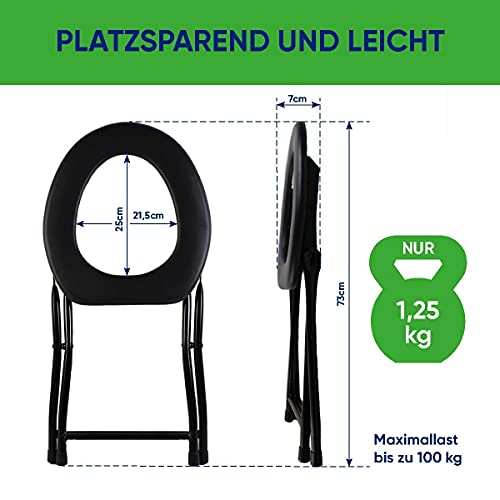 Keepa Inodoro plegable para camping con altura del asiento de 36 cm, soporta hasta 100 kg, ideal como inodoro portátil plegable para viajes, color negro, incluye bolsas de basura y anillo de fijación