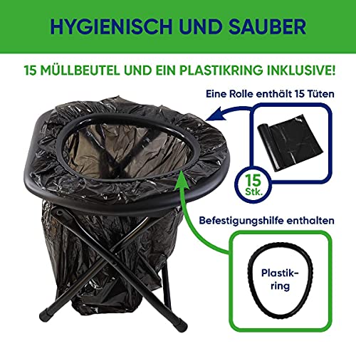 Keepa Inodoro plegable para camping con altura del asiento de 36 cm, soporta hasta 100 kg, ideal como inodoro portátil plegable para viajes, color negro, incluye bolsas de basura y anillo de fijación