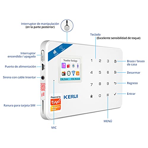 KERUI W18 Sistema de Alarma Inalámbrico 2.4G WiFi/gsm para el Hogar, Kits de Sistema de Alarma Antirrobo DIY con Control de Marcado Automático por SMS y App (iOS/Android), Fácil de Instalar