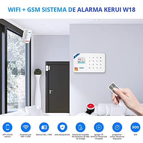 KERUI W18 Sistema de Alarma Inalámbrico 2.4G WiFi/gsm para el Hogar, Kits de Sistema de Alarma Antirrobo DIY con Control de Marcado Automático por SMS y App (iOS/Android), Fácil de Instalar