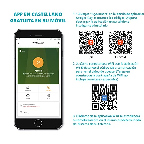 KERUI W18 Sistema de Alarma Inalámbrico 2.4G WiFi/gsm para el Hogar, Kits de Sistema de Alarma Antirrobo DIY con Control de Marcado Automático por SMS y App (iOS/Android), Fácil de Instalar