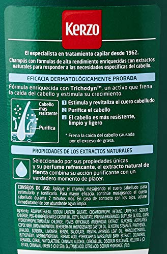 Kerzo - Champú Anticaída - Refrescante - para Cabellos Grasos en Situación de Caída, con Extrato Natural de Menta, para Hombre y Mujer, Verde, 400 Mililitros