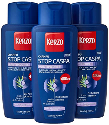 Kerzo - Champú Stop Caspa - Antipicores - Elimina el 100% de la Caspa y Calma el Cuero Cabelludo, con Aceite Esencial de Eucalipto, Blanco, 1200 Mililitros, Pack de 3