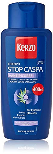 Kerzo - Champú Stop Caspa - Antipicores - Elimina el 100% de la Caspa y Calma el Cuero Cabelludo, con Aceite Esencial de Eucalipto, Blanco, 1200 Mililitros, Pack de 3