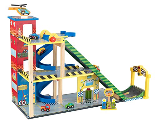 KidKraft Set de pista de carreras de madera Mega Ramp con helicóptero, 5 coches y luces, compatible con Hot Wheels y coches de juguete 63267