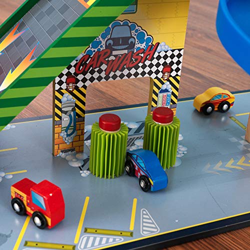 KidKraft Set de pista de carreras de madera Mega Ramp con helicóptero, 5 coches y luces, compatible con Hot Wheels y coches de juguete 63267