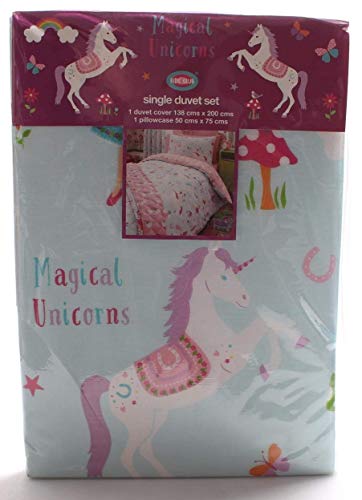 Kidz Club Magical Unicornios - Funda para Edredón y Funda de Almohada para Cama Individual, Poliéster y Algodón, color Azul