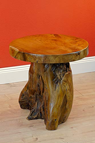 Kinaree Mesa auxiliar JOMTIEN de madera maciza de teca – 40 cm redonda de madera de raíz tronco de árbol – taburete para flores