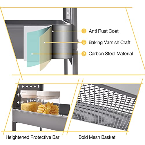 Kingrack Carrito Auxiliar con Ruedas con 3 Niveles, Carrito Cocina con 2 Tableros Perforados, Carros de Almacenamiento con Ganchos Cestas Extraíbles, Carros de Servicio para Oficina, Hogar, Gris