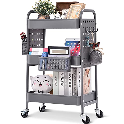 Kingrack Carrito Auxiliar con Ruedas con 3 Niveles, Carrito Cocina con 2 Tableros Perforados, Carros de Almacenamiento con Ganchos Cestas Extraíbles, Carros de Servicio para Oficina, Hogar, Gris