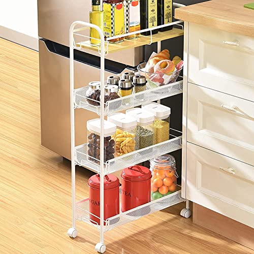 KINGRACK Carrito de Cocina con 4 Niveles, Estrecho con Ruedas, estantería para Cocina y baño, Ahorra Espacio, para Espacios reducidos, Cocina, Oficina, baño, fácil Montaje (Blanco)