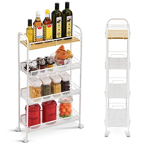 KINGRACK Carrito de Cocina con 4 Niveles, Estrecho con Ruedas, estantería para Cocina y baño, Ahorra Espacio, para Espacios reducidos, Cocina, Oficina, baño, fácil Montaje (Blanco)