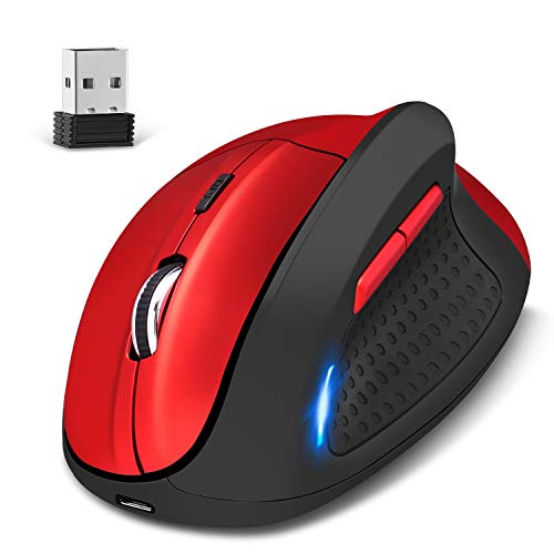 KINGTOP Ratón Vertical Ergonómico Recargable Modo Dual con Cable e Inalámbrico para PC Ordenador Portátil - 4800 dpi, 5 Botones, Rojo