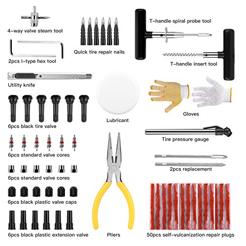 Kit de Reparación de Neumáticos, TECCPO Reparación de Neumáticos 100pcs, con Mechas para llantas, Herramientas Automotrices Punción Multifunciona, Guantes Resistentes, Clavos de Reparación Rápida