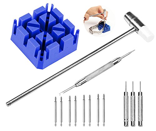 Kit de reparación de Relojes, Kit de Herramientas de Barra de Resorte con Correa de Reloj removedor de eslabones/Soporte de Correa de Reloj/Martillo Cabeza/pasadores de Reloj para relojero (Blue)