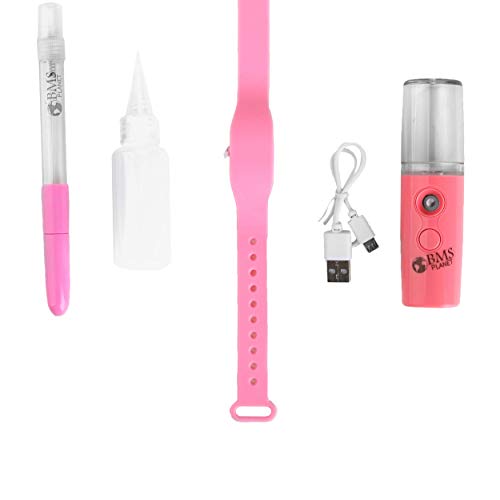 Kit Pulsera Gel Hidroalcohólico Rosa + Bote Spray Pulverizador Alcohol desinfectante Manos Rosa + Bolígrafo Dispensador Gel hidroalcolico desinfectante de Manos Rosa Adultos