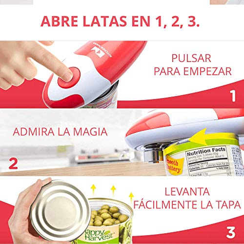 Kitchen Mama Automatic - Abrelatas Eléctrico con Botón de Inicio y Stop - Corta Sin Dejar Bordes Afilados - Inalámbrico, Ergonómico - Ideal para Personas con Artritis y Restaurantes - Rojo