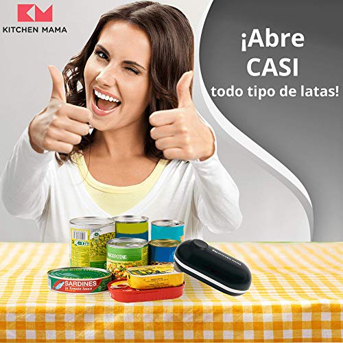 Kitchen Mama Mini - Abrelatas Eléctrico con Botón de Inicio y Stop - Corta Sin Dejar Bordes Afilados - Inalámbrico, de Bolsillo - Ideal para Personas con Artritis y Restaurantes - Negro