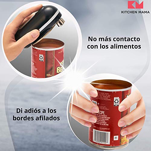 Kitchen Mama Mini - Abrelatas Eléctrico con Botón de Inicio y Stop - Corta Sin Dejar Bordes Afilados - Inalámbrico, de Bolsillo - Ideal para Personas con Artritis y Restaurantes - Negro